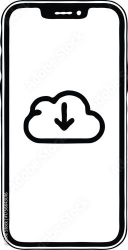 Clean monochrome vector illustration of a mobile phone showing a cloud download symbol, thin black outline, minimal UI icon style.eps