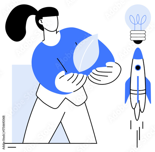 Woman holding leaf symbolizing eco-conscious ideas, with lightbulb and rocket representing innovation, growth, and progress. Ideal for sustainability, environment, creativity, innovation, business