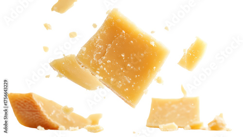 Parmesan cheese pieces falling isolated on transparent background