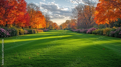 Serene vista showcasing a manicured lawn leading to autumnal trees under a partly cloudy sky
