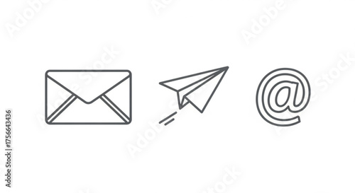 A clean and simple line art illustration featuring an envelope, paper airplane, and at symbol, representing email communication