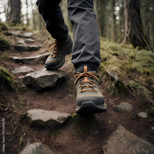 A hiker’s boots climbing rocky steps on a forest trail.
