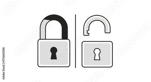 Two padlock icons, one locked and one unlocked, representing security, privacy, and access control in digital and physical forms