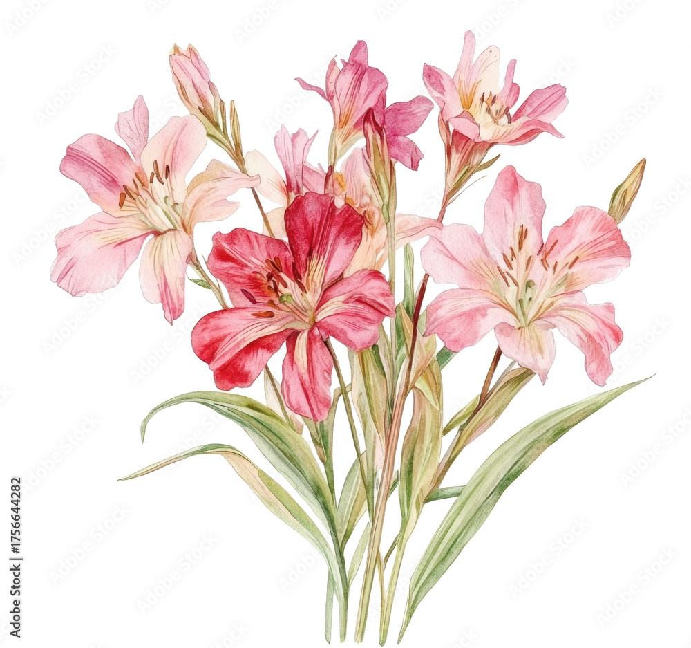 Naklejka premium Watercolor red and pink flower bouquet clipart, on a white background with margins, in very soft pastel colors