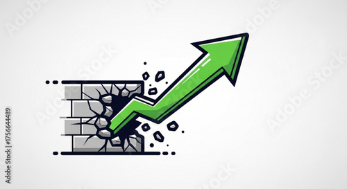 Green arrow breaking through a brick wall, symbolizing growth, success, and overcoming obstacles in business or life