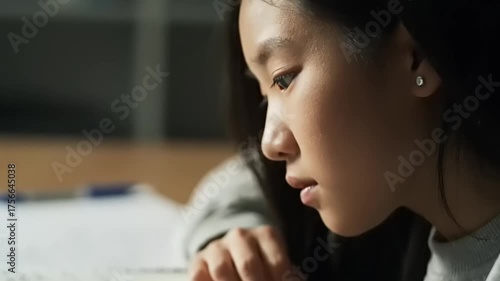 Asian girl studying with focused, and closeup portrait.