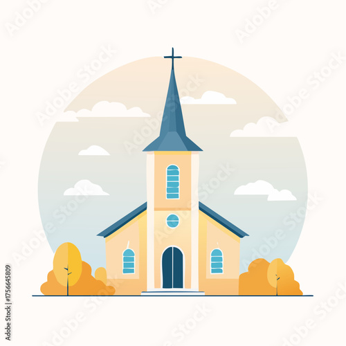 A flat vector illustration of a traditional Christian church with a blue steeple.