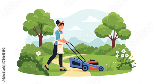 A woman mowing a lush green lawn on a sunny day with trees and flowers in the background.