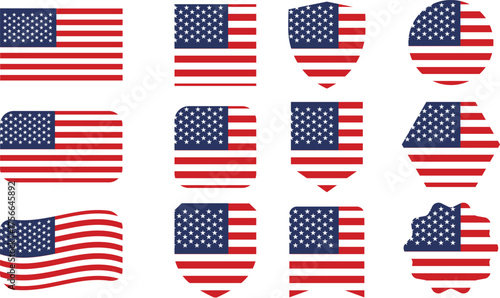 A versatile collection of distinct American flag , showcasing the iconic stars and stripes in various stylized shapes, ideal for conveying national pride, unity, and democratic design concepts