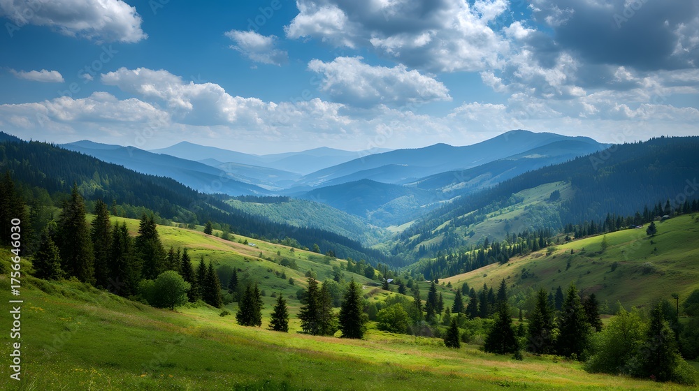 Fototapeta premium Lush green valleys and distant mountains under a cloudy sky.
