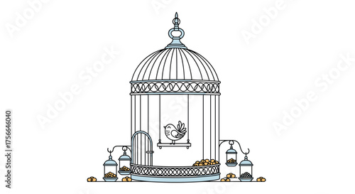 Elegant birdcage with ornate details and a small bird perched inside.