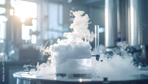 Science Lab Experiment: A cloud of vapor erupts from a laboratory experiment, highlighting the fascinating realm of scientific exploration and discovery. The scene embodies curiosity.