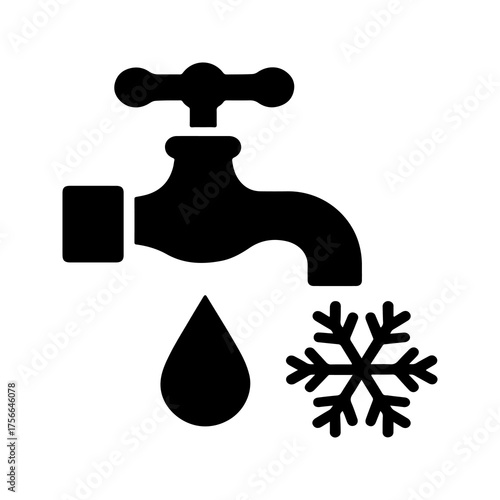 Silhouette icon representing a water faucet with a drop of water and a snowflake indicating cold water or freezing temperatures for plumbing and weather concepts