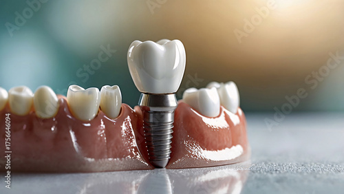 A close-up of a dental implant model with a crown attached to a metal screw, surrounded by natural-looking teeth, demonstrating modern dentistry and oral health solutions