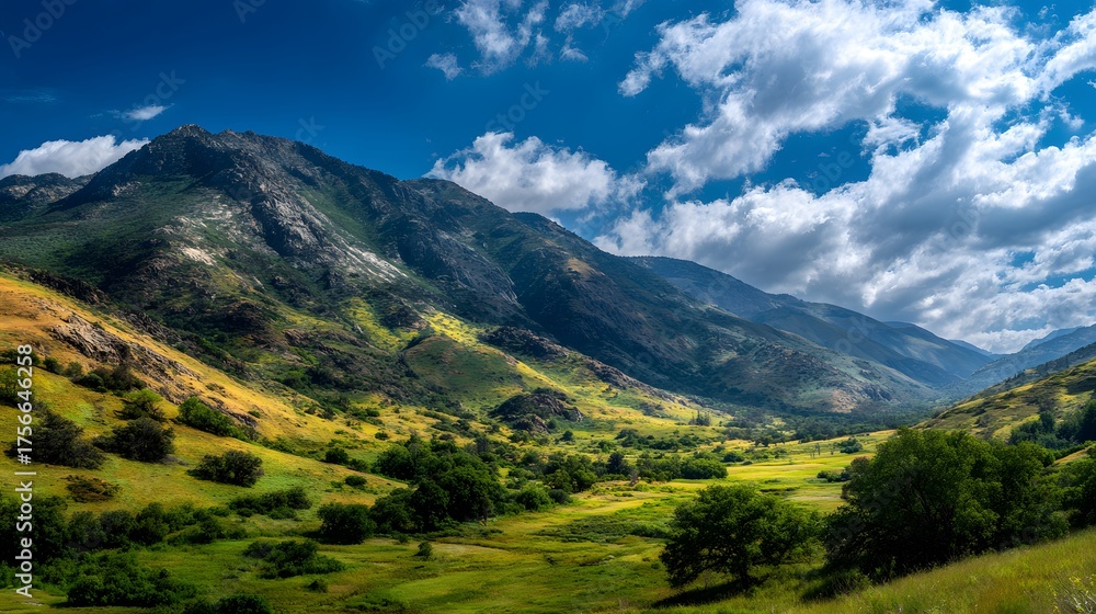 Fototapeta premium Majestic mountain valley bathed in sunlight with a vibrant sky.