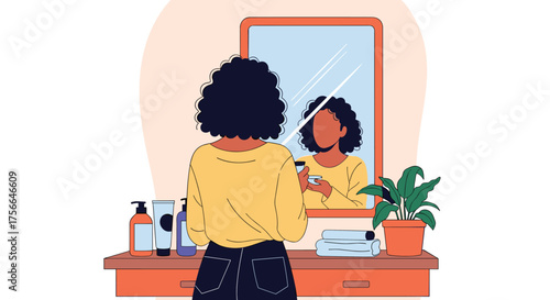 A woman looks in the mirror while getting ready for her day.