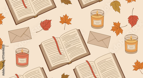 A cozy autumn pattern featuring open books, jars of honey, and falling leaves creating a warm and inviting atmosphere.