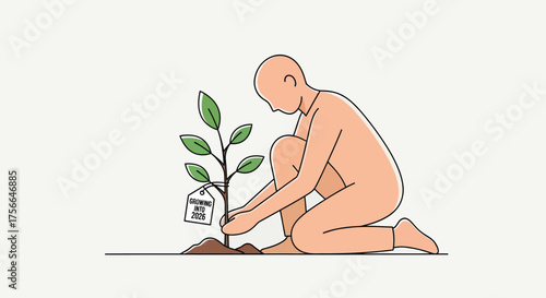 Person planting a small tree in the ground with a tag reading my tree as a symbol of environmental conservation and personal responsibility.