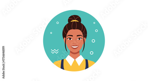A smiling young woman with her hair in a bun wears a yellow shirt and a white collar, ready for a new adventure.