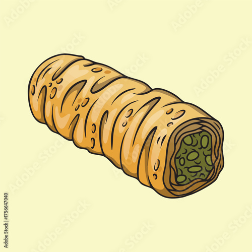 HandDrawn Illustration of a Delicious Pistachio Baklava Roll