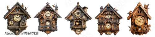 Vintage Wooden Cuckoo Clocks Display in Various Designs and Styles, PNG bundle collection, Isolated on Transparent Background