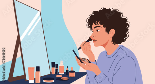 A person applying makeup in front of a mirror on a table filled with beauty products.