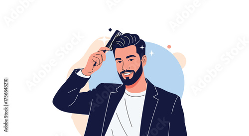 A stylish man with a beard combs his dark hair with a black comb.