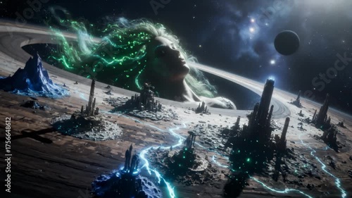Surreal Woman Floats in Saturn Ring With Cityscape and Glowing Hair