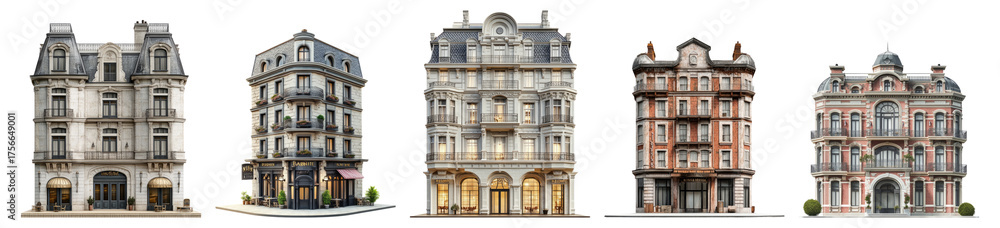 Obraz premium Elegant Urban Architecture Displaying Various Building Styles, PNG bundle collection, Isolated on Transparent Background