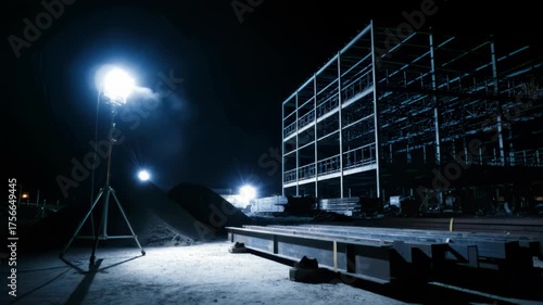 Construction Site Illuminated at Night With Spotlight Infrastructure