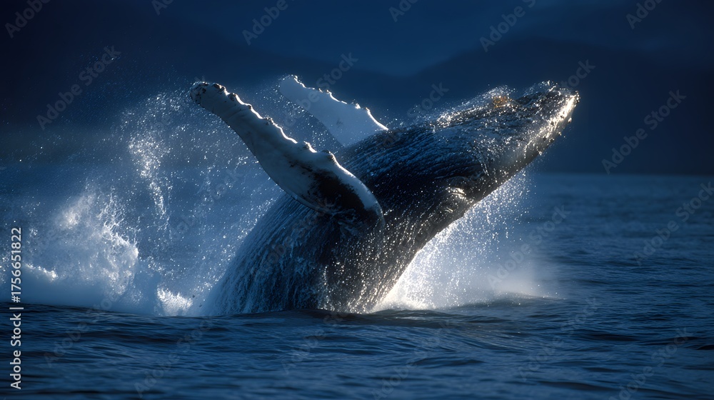 Fototapeta premium Majestic whale breaches ocean surface with dramatic spray at dusk.