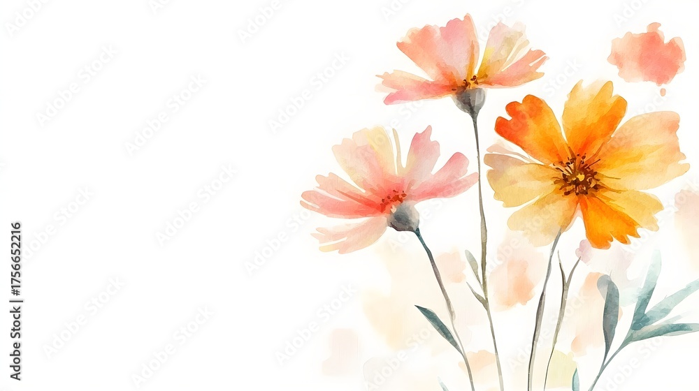 Naklejka premium Delicate watercolor flowers in soft hues bloom against a clean white background.