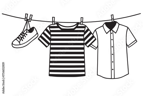 Artistic black and white vector illustration of a laundry line carrying two clothes and one shoe, symbolizing simplicity, balance, and everyday life.
