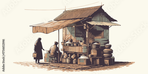 Detailed illustration of a rustic, traditional street vendor's stall, showing two individuals engaging in daily commerce with various earthen pots and goods, embodying a lively cultural market scene