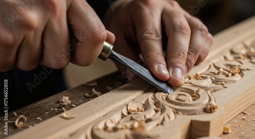 Close-up of a craftsman's hands meticulously carving intricate floral patterns into a piece of wood with a chisel.