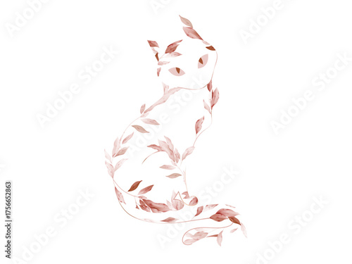 The silhouette of the cat is formed by a delicate arrangement of red leaves and botanical elements