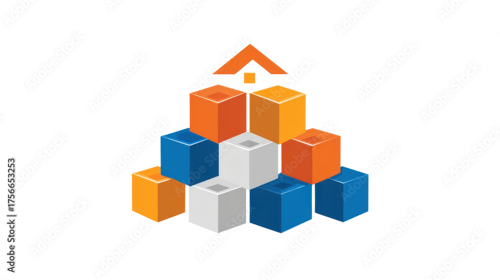 Obraz premium Colorful 3D Cubes Pyramid with Arrow Symbol Representing Growth, Structure, and Business Development on white background
