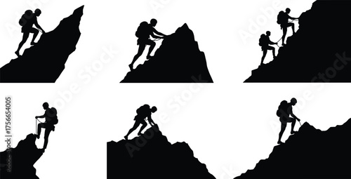 Mountain climbing silhouette illustration, adventurous hikers on steep cliff, extreme outdoor expedition, teamwork challenge concept, black vector mountaineer art
