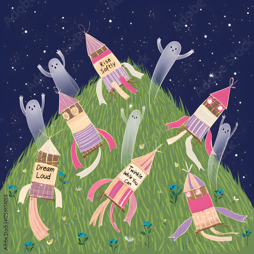 Whimsical Space Illustration with Astronauts and Motivational Banner on the Moon