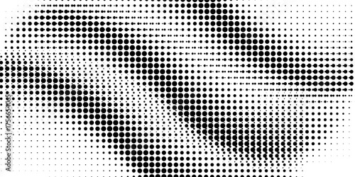 Black halftone dot wave pattern. Abstract grain fluid texture. Dotted curve wallpaper. Grit undulate swoosh overlay for poster, banner, brochure, flyer, leaflet, brochure. Vector rasterized background
