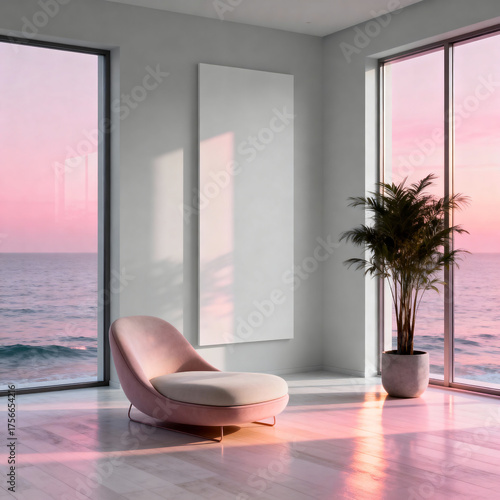 Modern triangular oceanview interior with lounge chair and plant
