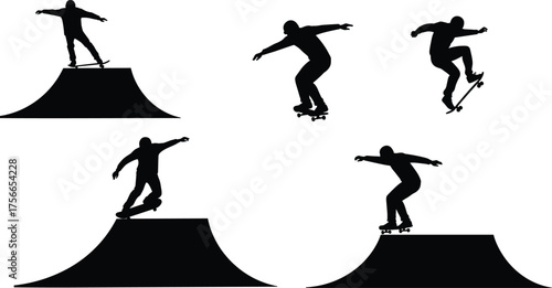 Skateboarder performing tricks on ramp silhouette, extreme sport vector illustration, skate park action pose, urban youth lifestyle concept design