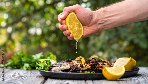 Hand squeezing lemon over grilled fish (1)