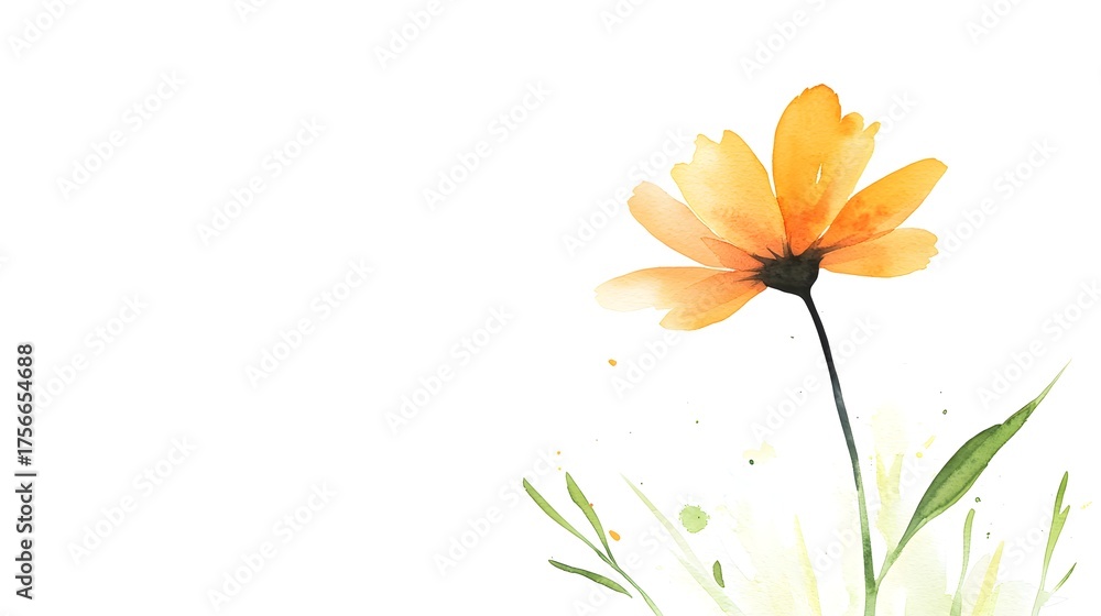 Fototapeta premium Delicate watercolor orange flower with green leaves on a white background.