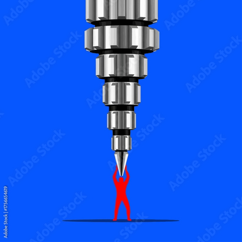 Abstract representation of person struggling with a giant drill bit  