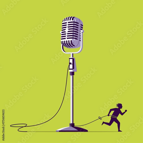 Illustration of a man running away from a microphone on green background  