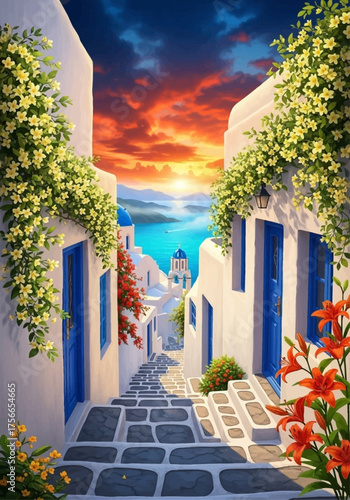 Scenic sunset view of a whitewashed alley with flowers by the sea  