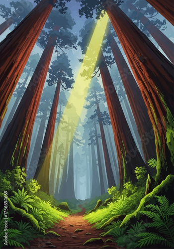 Mystic forest with sunlight filtering through tall redwood trees  