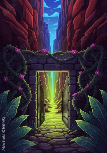 Mystic pathway through stone gate surrounded by lush vegetation  