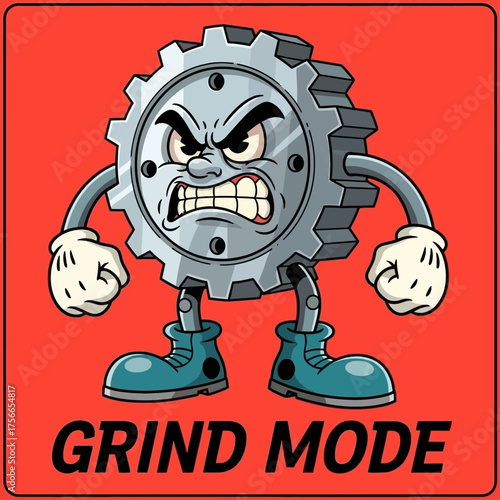 Cartoon character representing grind mode with angry expression  